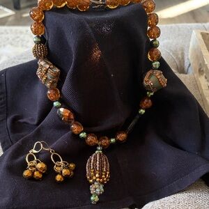 Elegant Amber Beaded Necklace and Earring Set Amber Glow